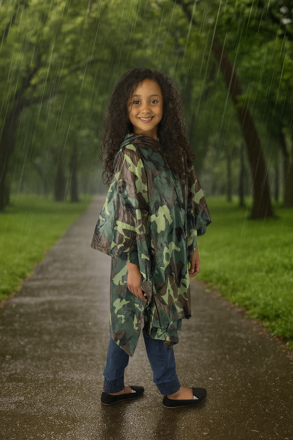 Child Waterproof Reusable Camouflage Deluxe PVC Rain Poncho With Hood