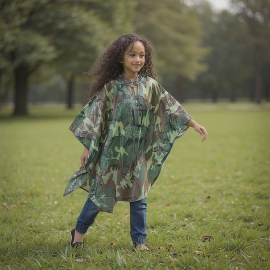 Child Waterproof Reusable Camouflage Deluxe PVC Rain Poncho With Hood