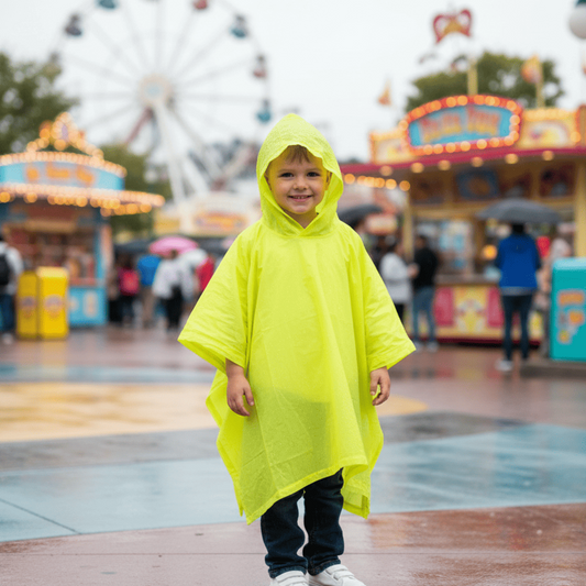 Child wearing a bright yellow rain poncho at an amusement park with rides in the background.