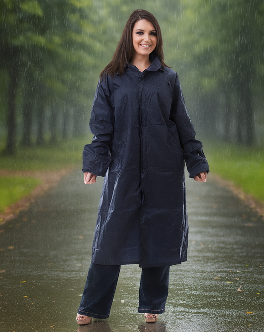 Water Resistant Raincoat With Hood – PU Coated Nylon – Blue