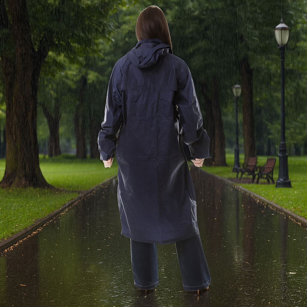 Water Resistant Raincoat With Hood – PU Coated Nylon – Blue