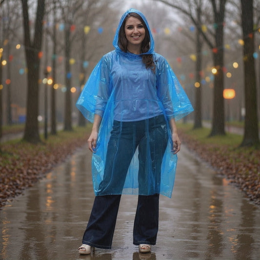 Waterproof Emergency Adult Disposable Rain Poncho With Hood – Pack of 10