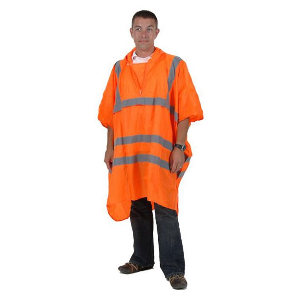 High-Visibility-Adult-Waterproof-Rain-Poncho-PU-Coated-Nylon-Orange