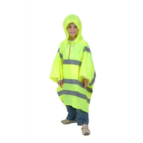 High Visibility Childs Waterproof Rain Poncho - PU Coated Nylon.
